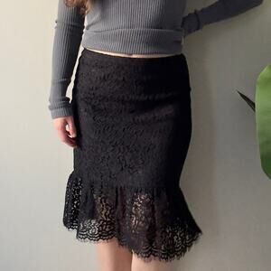 Banana Republic Black Lace Skirt Ruffle flare mermaid hem midi zip up zipper NWT